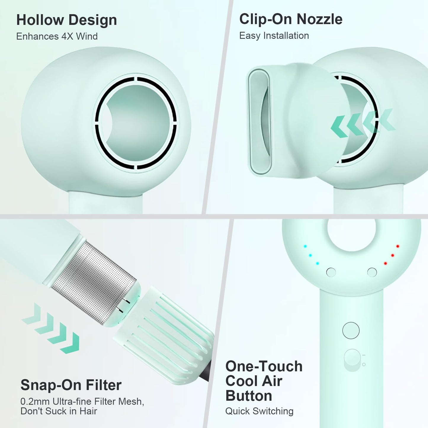 160000 RPM High Speed Hairdryer, Brushless Motor, 500 Million Negative Ionic Blow Dryer, Travel Fast Drying Hairdryer, Low Noise, Lightweight, Quiet Blowdryer with Nozzle, Home Use, Mint Green