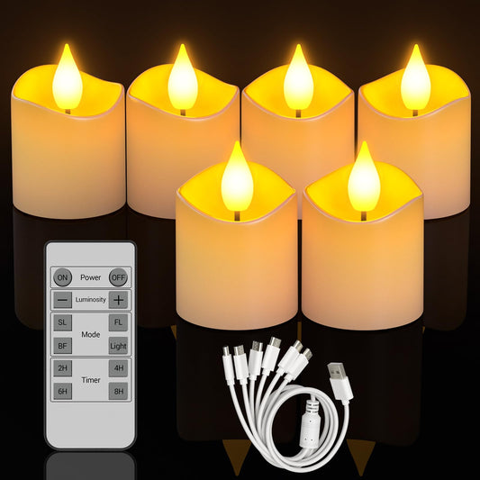 SoulBay 6pcs LED Candles Rechargeable with Remote, 1.5" D x 2.28" H Flameless Flickering Fake Battery Candles with Timer, No Battery Needed, White Electric Small Votives for Lantern Table Home Decor