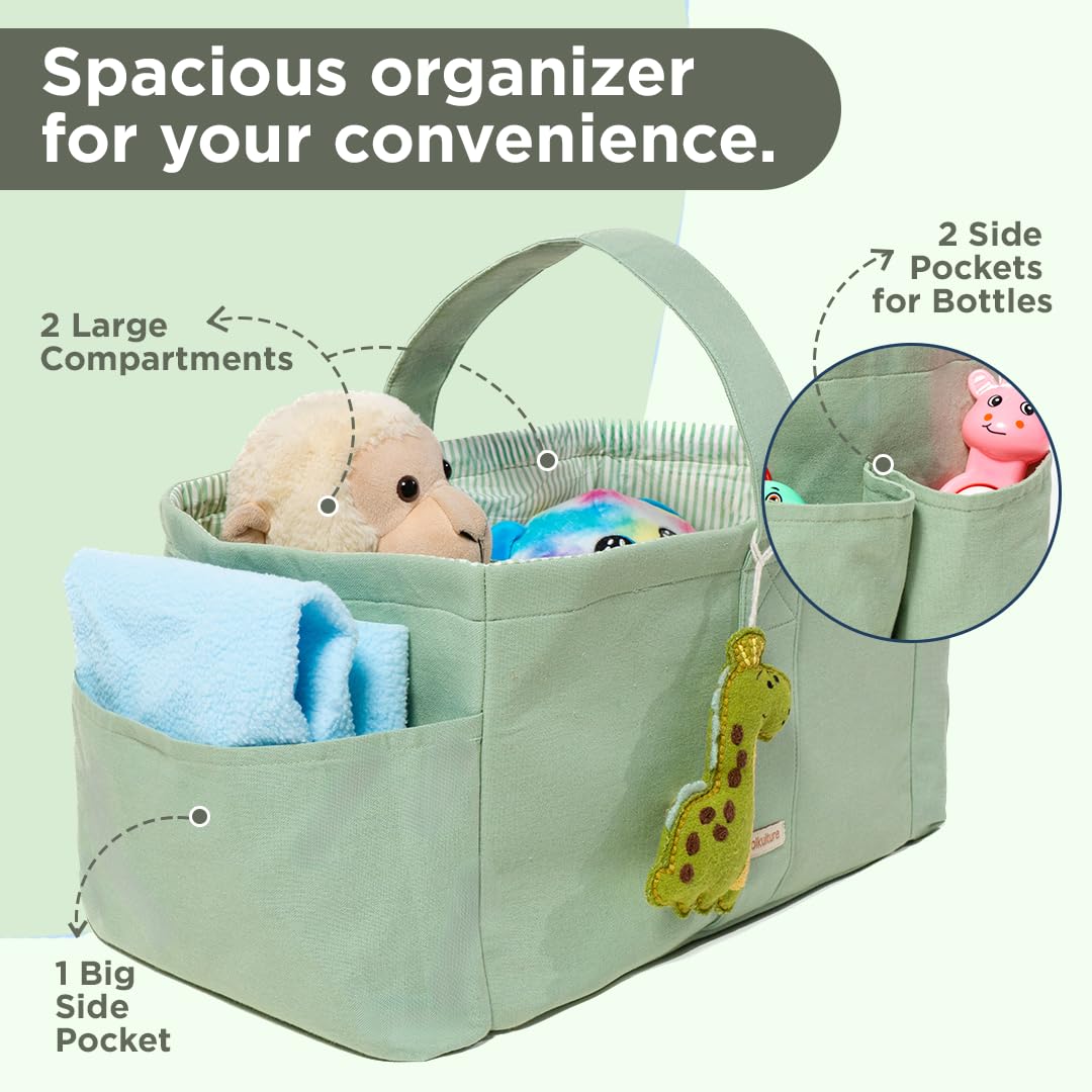 Folkulture Baby Diaper Caddy | Cotton Diaper Bag for Kids - Stylish Comfort Spacious Travel Essential Cart | Nursery Storage Bin and Car Organizer for Diapers, Wipes - (Sage Green - 15")