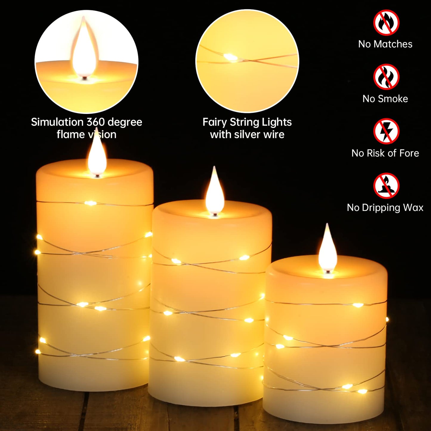 Da by Flameless Candles with String Lights，Battery Operated Candles,LED Flickering Candles with Remote Control and Timer, Real Wax, 3 Pack-Ivory