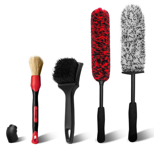 YeewayVeh 4Pack Car Wheel Cleaning Kit, Bendable Wheel Brush and Microfiber Rim Cleaner Brush, Tire Brush and Car Detailing Brush, Soft & No-Scratch Car Wheel Rim Brush Set for All Wheel Types, Red