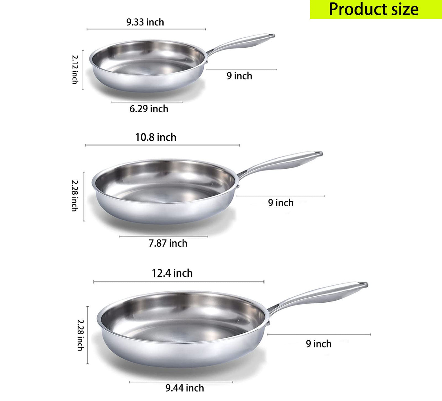 DELARLO Whole Body Tri-Ply Stainless Steel Frying Pan set, 8”/10”/12” Cooking pans, Kitchen Cookware Set, Fast Heating Chef's pan with Ergonomic Handles, Suitable for All Stove