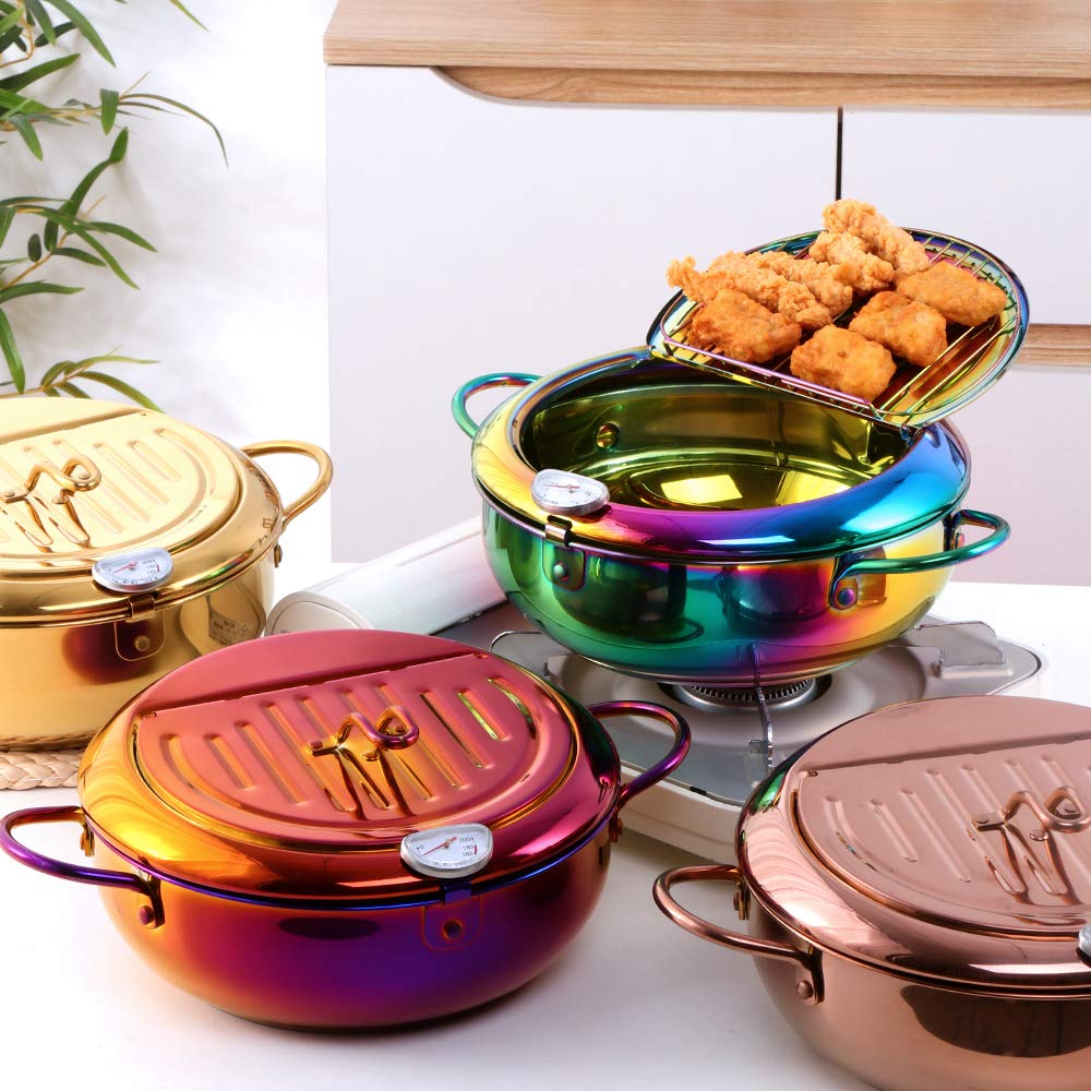 Stainless Steel Deep Fryer for Home, 115Oz Tempura Fryer Pot w/Thermometer and Oil Drip Rack Lid, Japanese Style Deep Frying Pan w/Strainer Clip, for Tempura chips, Fish, and Chicken (Rainbow Color)