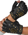Steampunk Studded Leather Fingerless Gloves with Gear Detail, Black