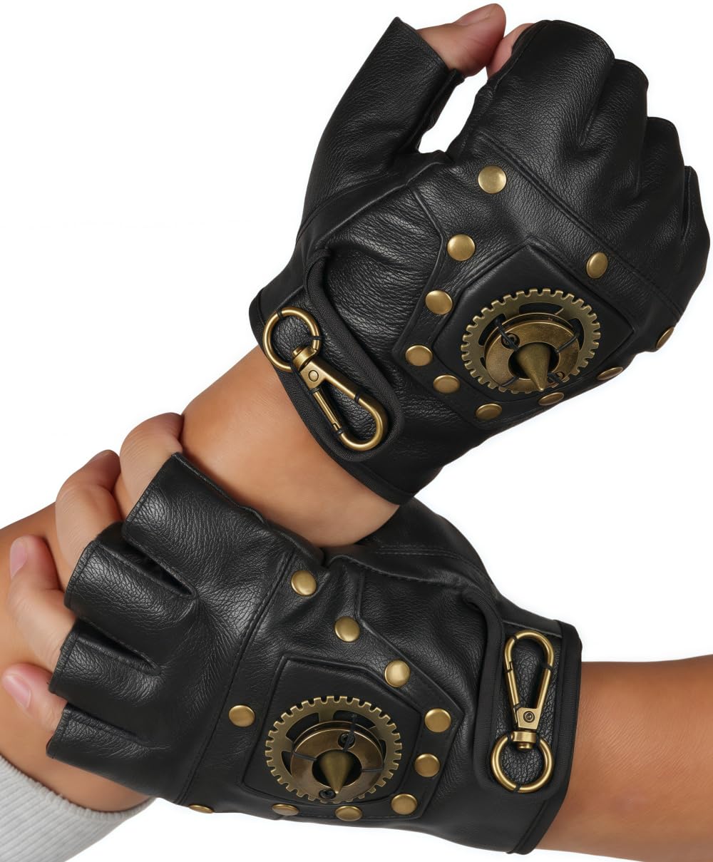 Steampunk Studded Leather Fingerless Gloves with Gear Detail, Black