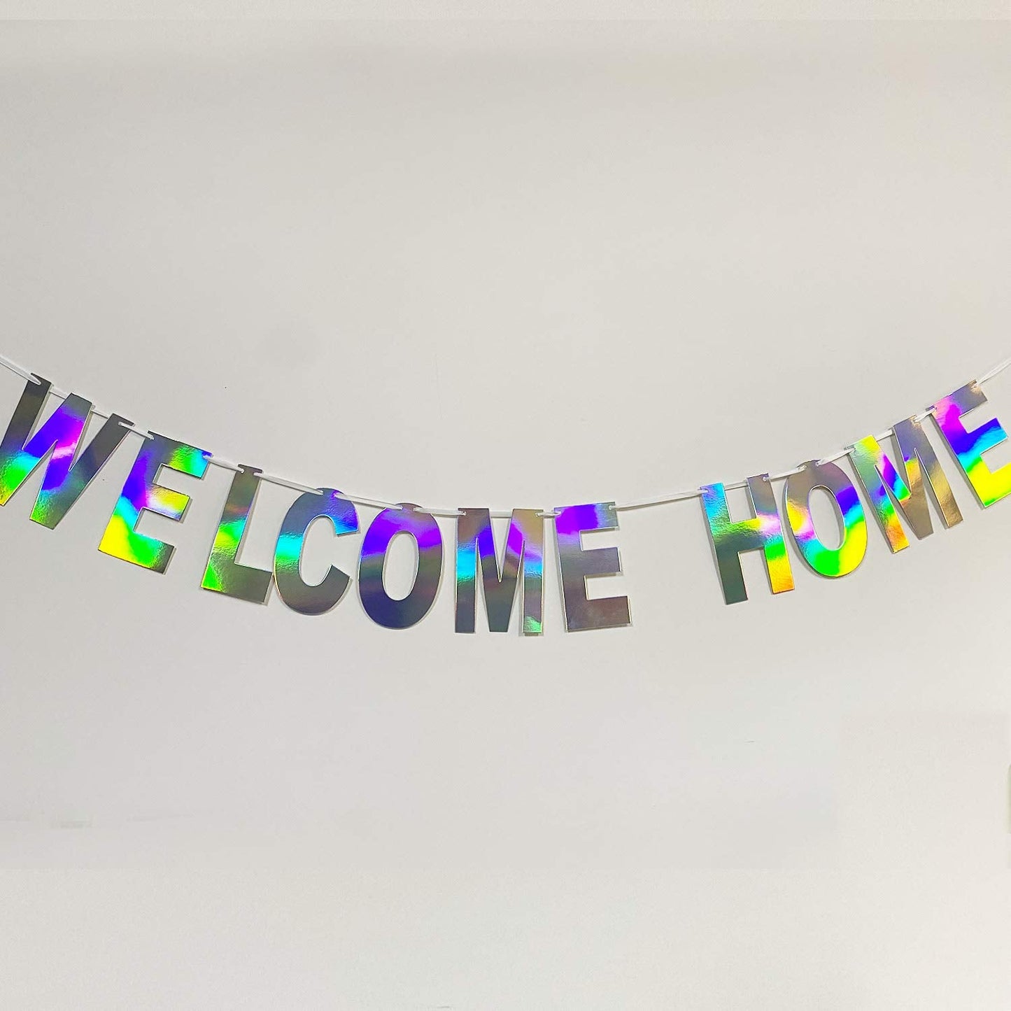 Blukey Pre-Strung Holographic WELCOME HOME Banner Decorations Sign, Iridescent Hanging Bunting String Flag Garland for Deployment Homecoming, Graduation Ceremony, Family Reunion, Military Homecoming Party