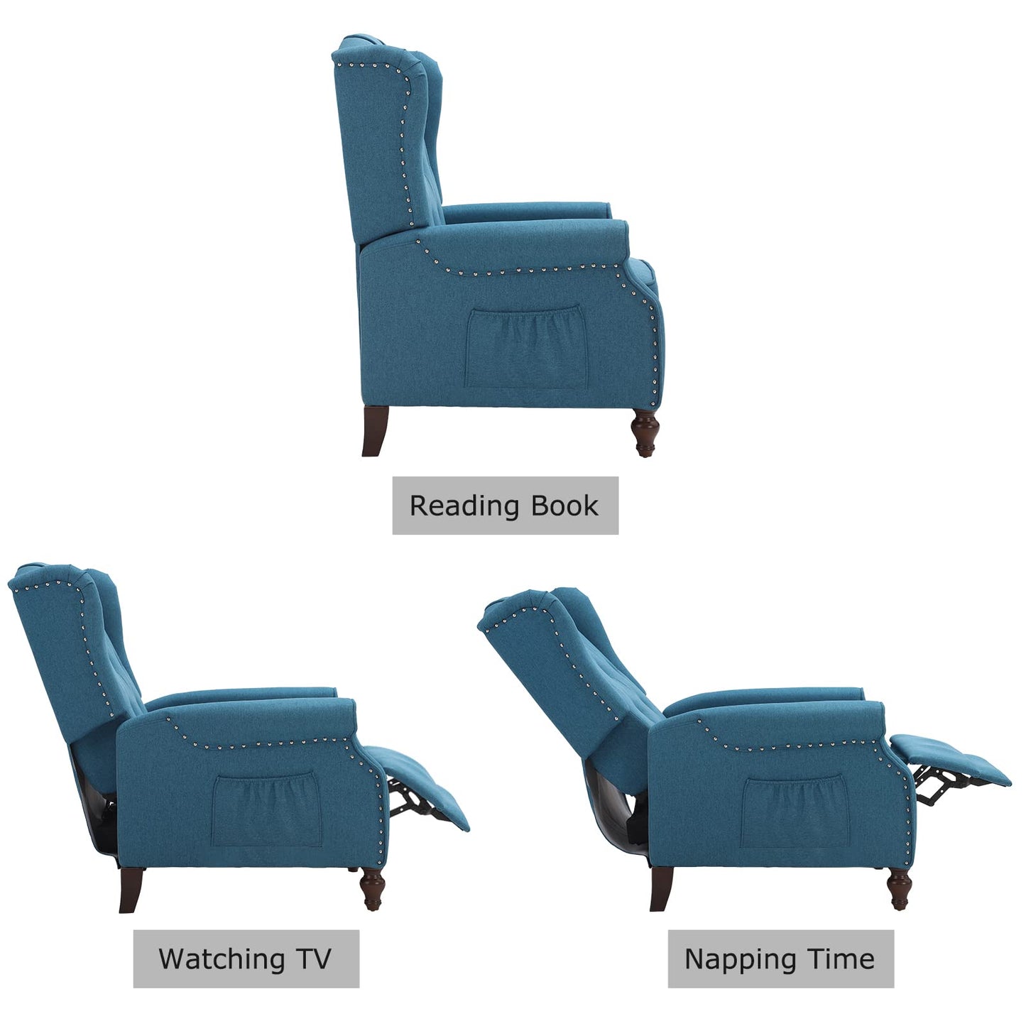 B BAIJIAWEI Wingback Recliner - Tufted Arm Chair With Massage and Heat - Fabric Push Back With Remote Control, Heating Function, Adjustable Backrest (Blue)