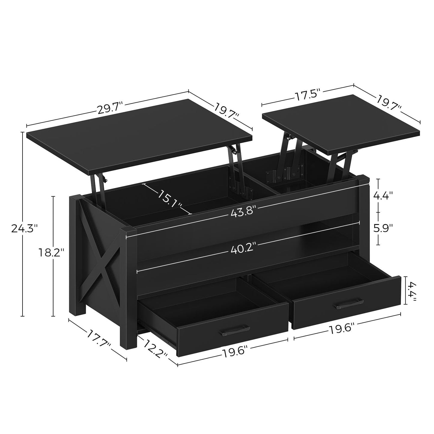 Seventable Coffee Table, 47.2" Lift Top Coffee Table with 2 Storage Drawers and Hidden Compartment, X Wood Farmhouse Support, Retro Center Table with Lift Tabletop for Living Room,Black