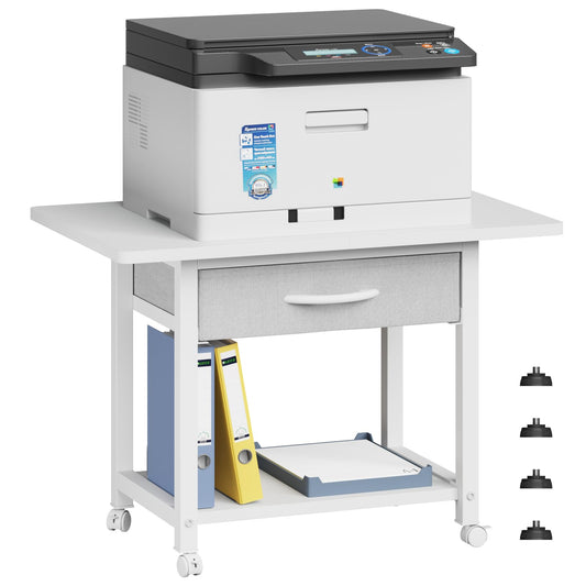 YAOHUOO 22"x15" Large Printer Stand with Storage Drawer, 2-Tier Under Desk Table for Home Office, Fits Fax Machine/3D Printer/Scanner (White)