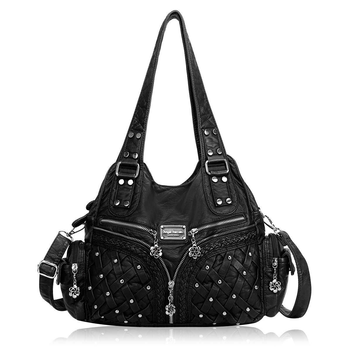 Angel Barcelo Roomy Fashion Hobo Womens Handbags Ladies Purse Satchel Shoulder Bags Tote Washed Leather Bag Black