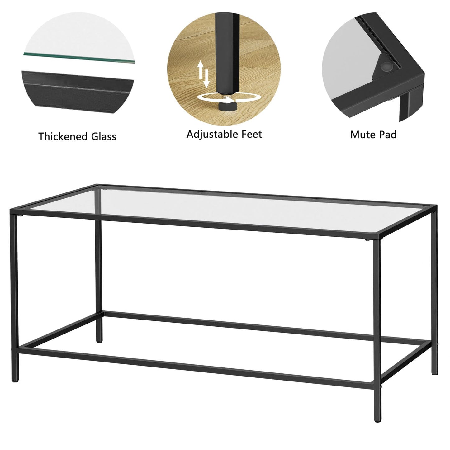 Homleke Glass Coffee Table, Modern Rectangular Black Coffee Table for Living Room, Minimalist Center Tea Table with Sturdy Metal Frame for Apartment, Office, Dining Room, Easy Assembly, Black