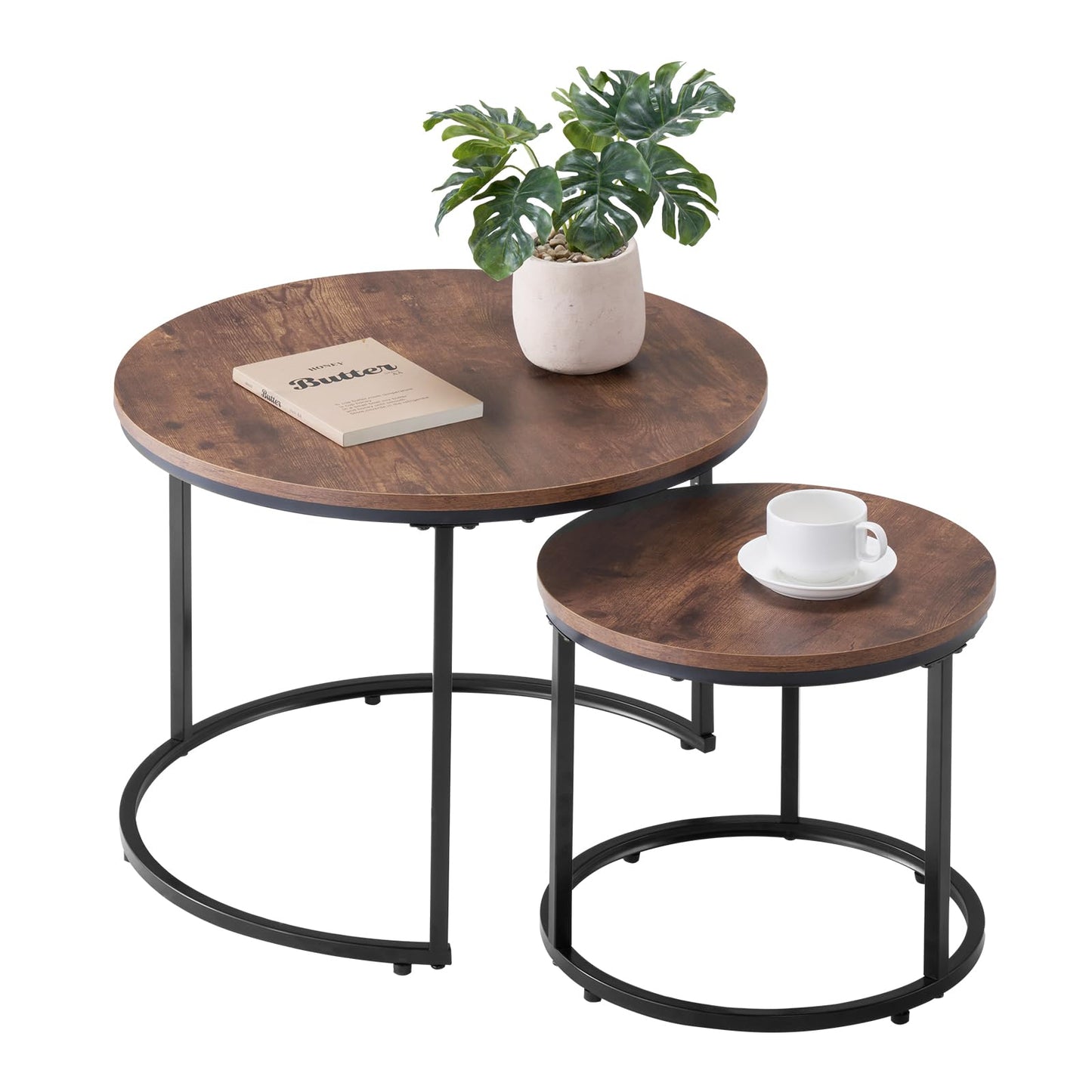 VEVOR Nesting Tables, Coffee Table Set of 2, 23.6 inch Round Coffee Table, Small Coffee Tables Night Stand with Metal Frame, for Living Room, Bedroom, Office (Brown & Black)