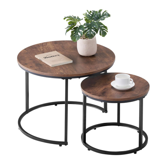 VEVOR Nesting Tables, Coffee Table Set of 2, 23.6 inch Round Coffee Table, Small Coffee Tables Night Stand with Metal Frame, for Living Room, Bedroom, Office (Brown & Black)