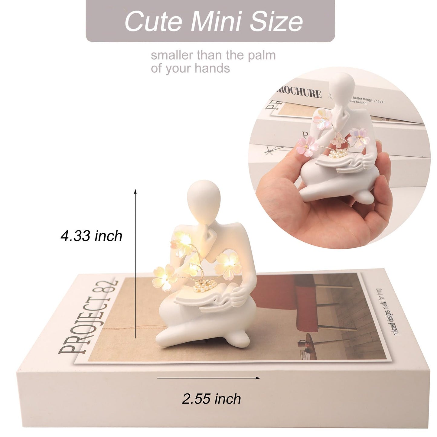 Bookshelf Decor Thinker Statue, Battery Powered Night Light, Modern Abstract Reading Figurines Home Decoration, Living Room Office Shelf Table Desk Decor, Aesthetic Gift