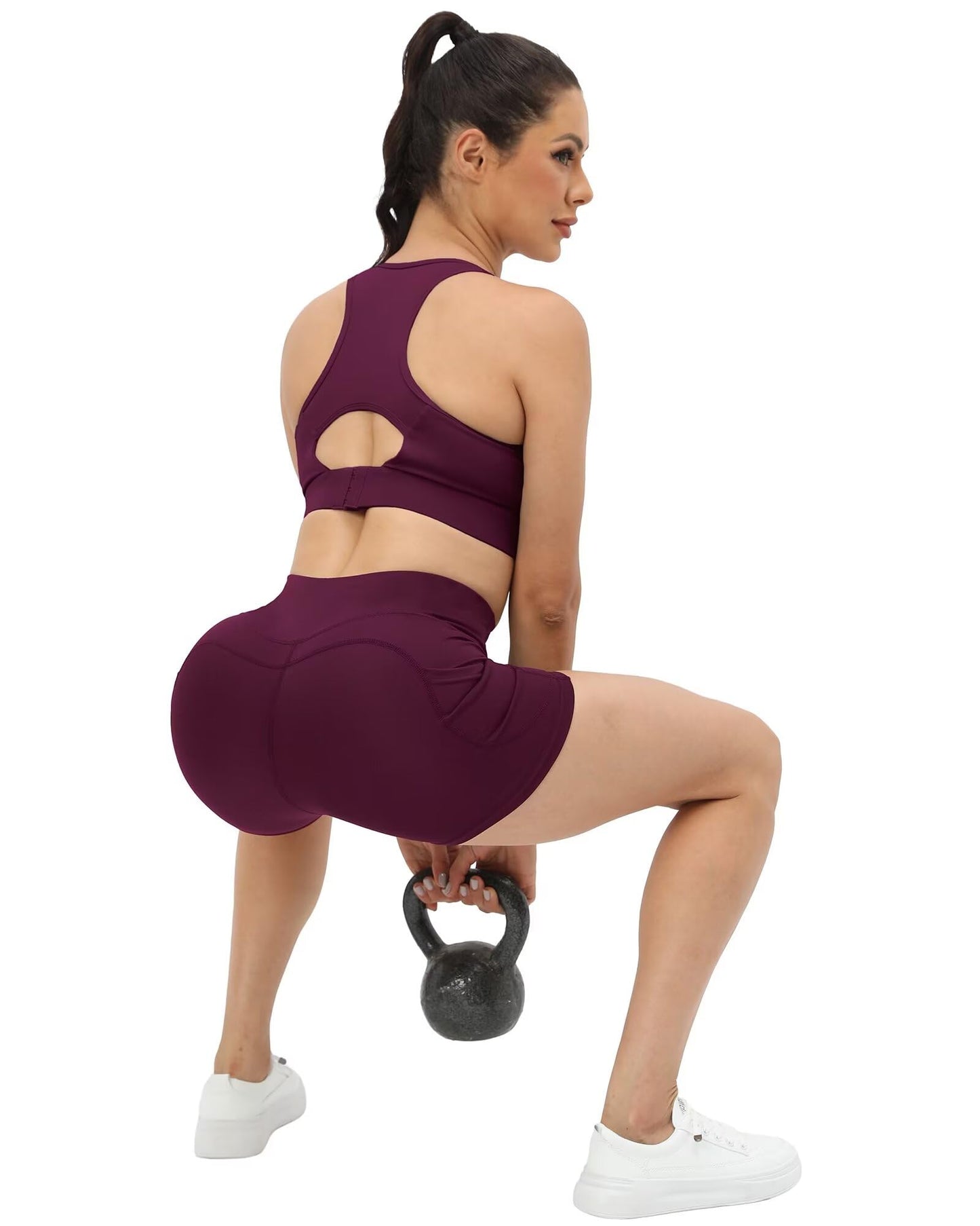 JCFSYXGS Workout Yoga Biker Shorts for Women with Pockets,Soft High Waisted Tummy Control Running Gym Shorts Wine Red