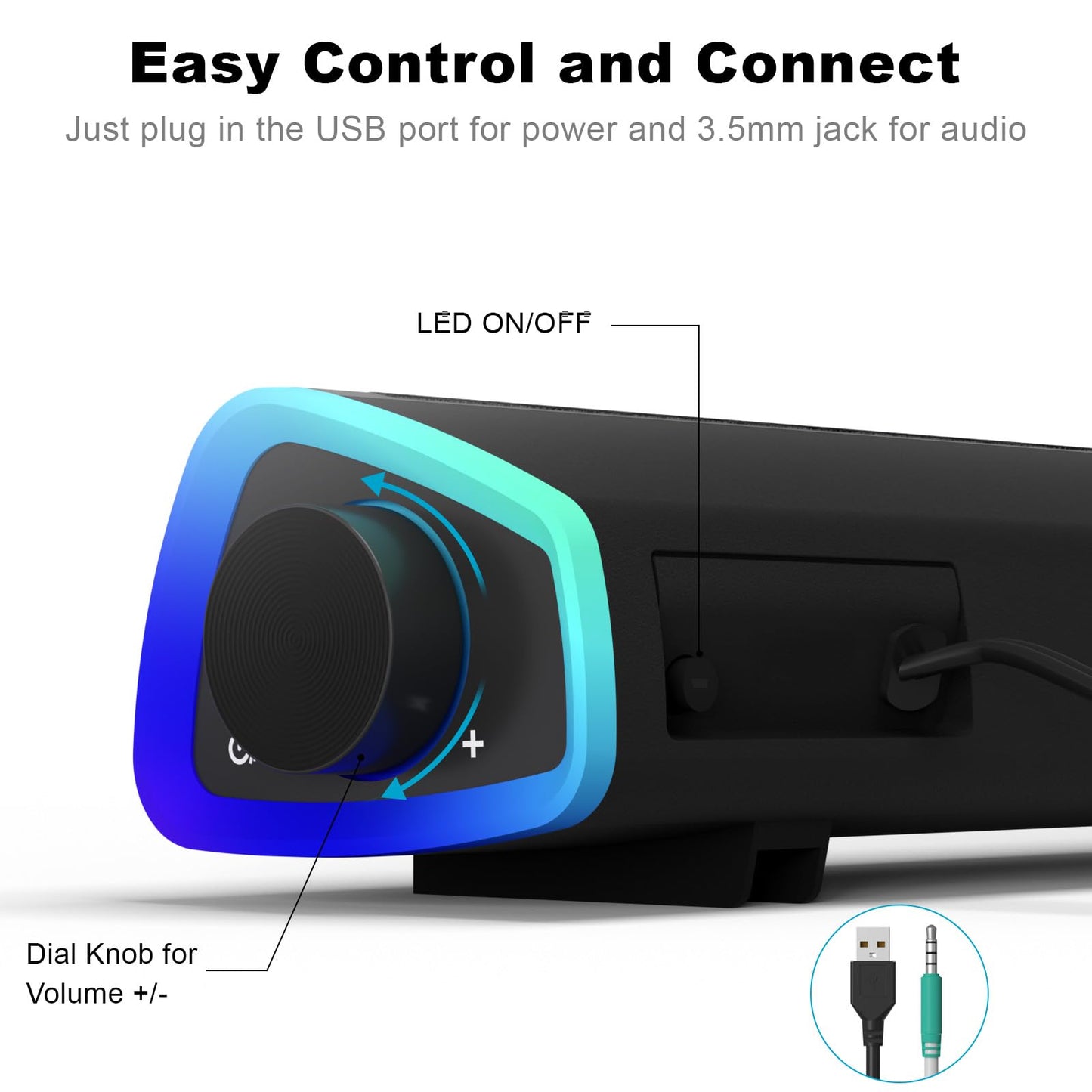 SOULION R30 Computer Speakers, Colorful LED Lights with Switch Button, Surround Sound Portable Computer Sound Bar Speakers for Desktop, Gray