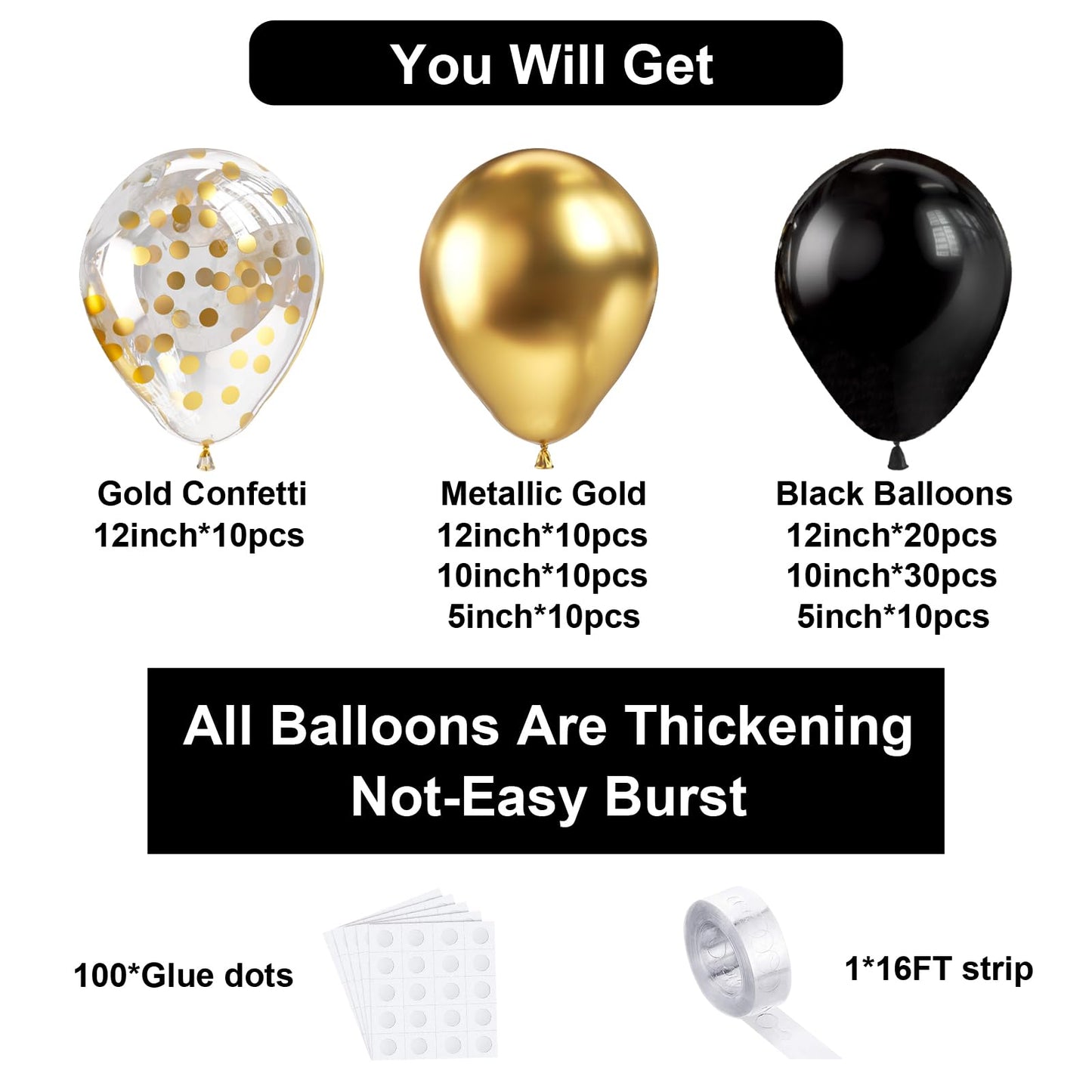 Bezente Black Gold Balloons Garland Kit, 100Pcs Black Gold Metallic Chrome and Gold Confetti Balloons Arch with Balloon Tape for Wedding, Birthday,Graduation,New Years,Special Events Party Decoration