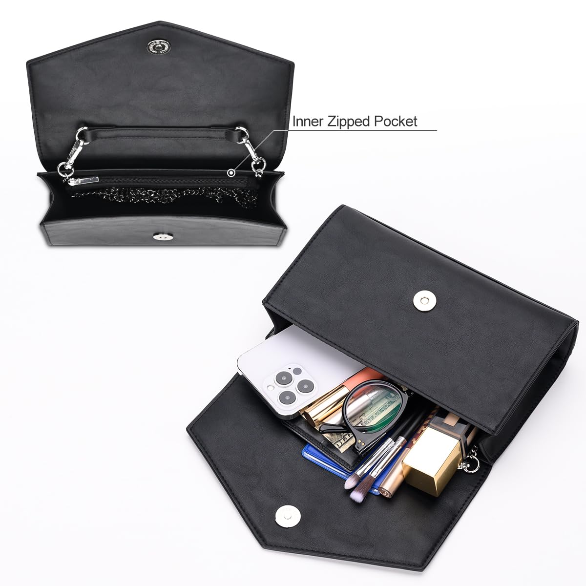 GM LIKKIE Clutch Purse for Women, Evening Envelope Clutch Bag, Crossbody Foldover PU Leather Shoulder Handbag (Black)