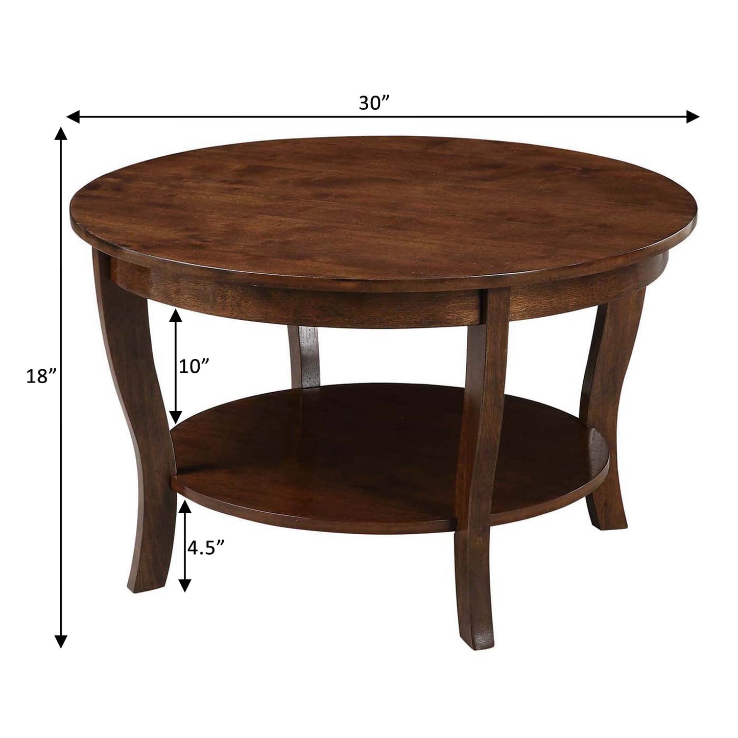 Convenience Concepts American Heritage Round Coffee Table 30" - Classic Living Room Table with Storage Shelf, Traditional Round Family Room Center Table, Espresso