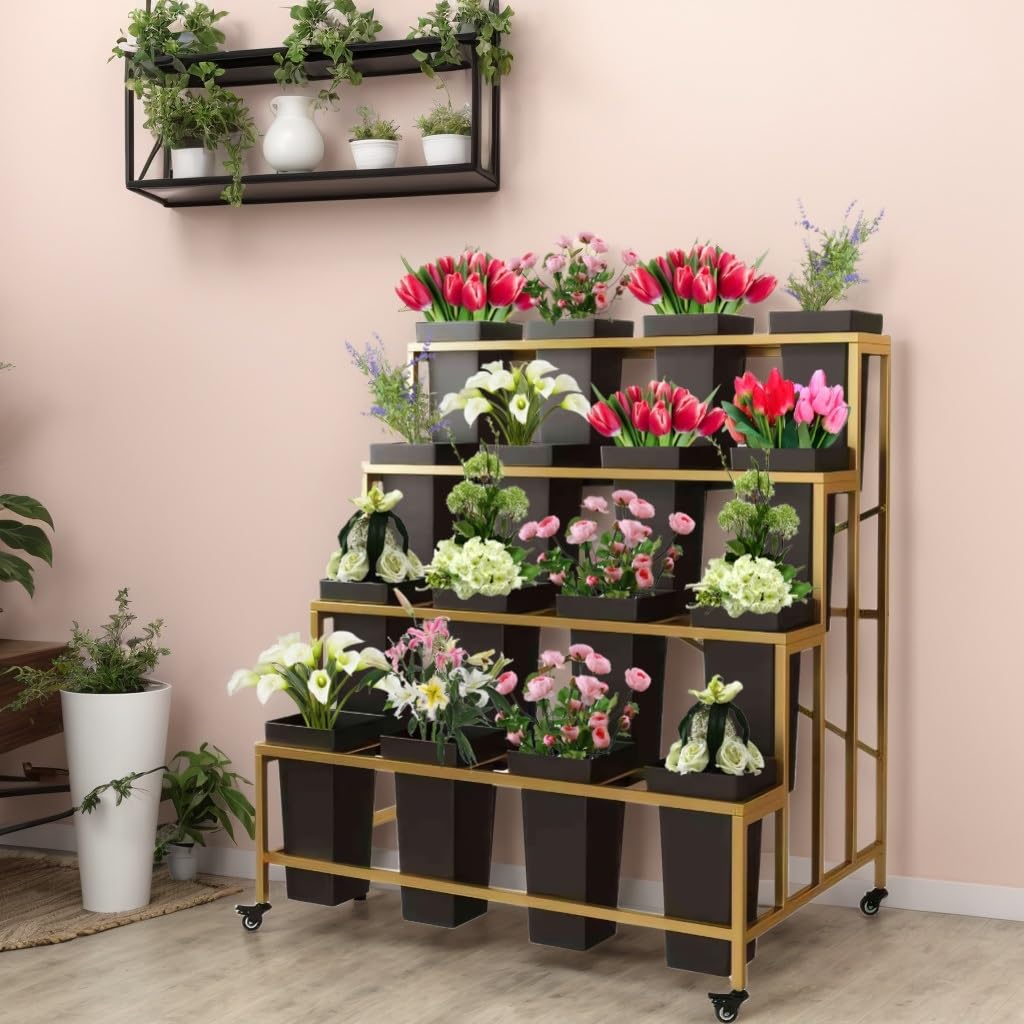 OMKUOSYA 4 Tier Flower Display Stand, Indoor And Outdoor Metal Flower Stand With Wheels, Plant Stand With 16pcs Buckets For Florist Garden Patio(Gold rack and black barrel)