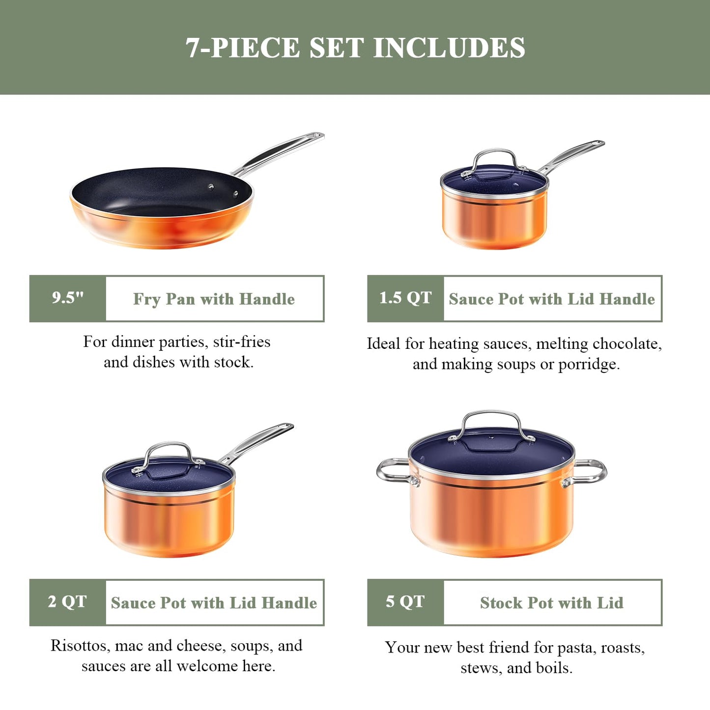 Nuwave 7pc Cookware Set Healthy Duralon Blue Ceramic Nonstick Coated, Diamond Infused Scratch-Resistant, PFAS Free, Oven Safe, Induction Ready & Evenly Heats, Tempered Glass Lids & Stay-Cool Handle