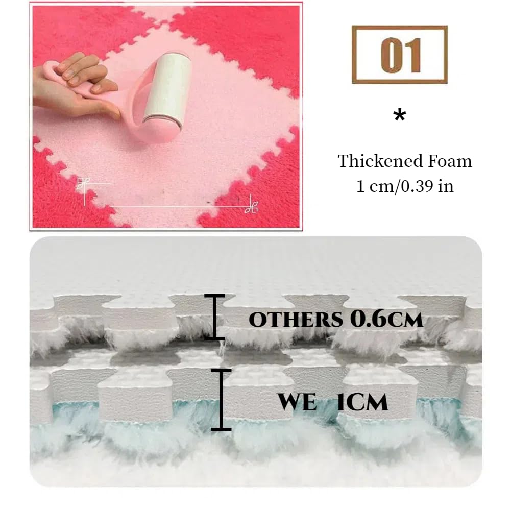 12 Pcs Plush Foam Interlocking Carpet Tiles,Soft Shaggy Fluffy Floor Area Rugs with Padding,Colorful Floor Protective Mats for Home Kids Room Playroom (White and Black, 11.8 x 11.8 x 0.39)