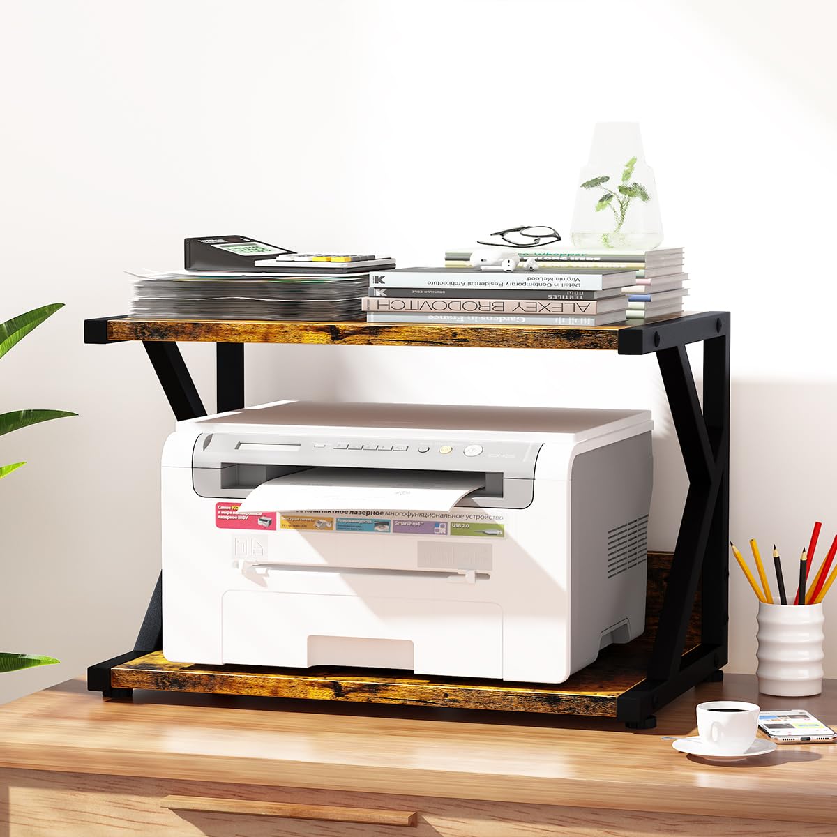 aboxoo Desktop Printer Stand with 2 Tier Wood Storage Shelves,Under Desk Printer Table,Multi-Purpose Home Office Desk Organizer for Fax Machine, Scanner (Rustic Brown)