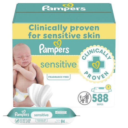 Pampers Baby Wipes Sensitive, Water Based Baby Wipes, Hypoallergenic and Unscented Baby Wipes, 504 Wipes Total (6 Flip-Top Packs)