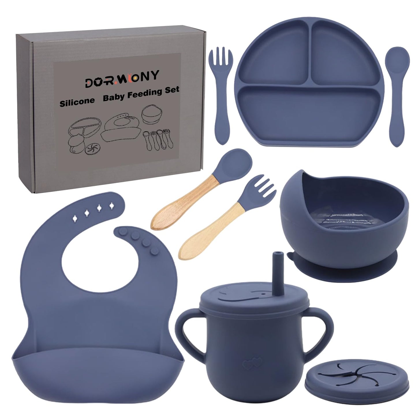 Dormlony 100% Silicone Baby Feeding Set,BPA Free Baby Dishes Set with Suction Bowl Divided Plate,Toddler Self Feeding Dish Set with Spoons Forks Sippy Cup and Bib, Baby Eating Utensils (Navy Blue)