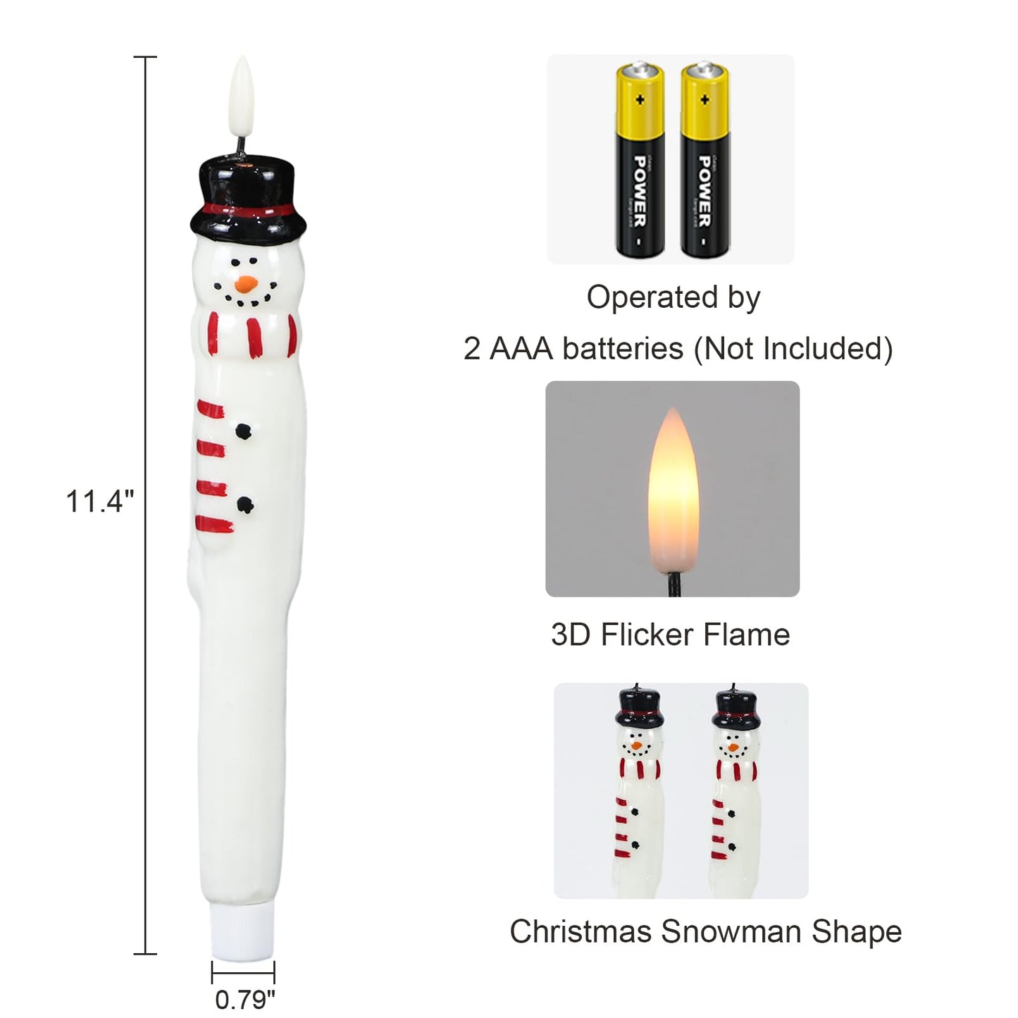 GenSwin Christmas Taper Candles with Remote Timer, 2 Pcs Snowman LED Taper Candles with 3D Flame, Battery Operated Taper Candlesticks for Christmas Winter Home Decorations(0.79” x 11.4”)