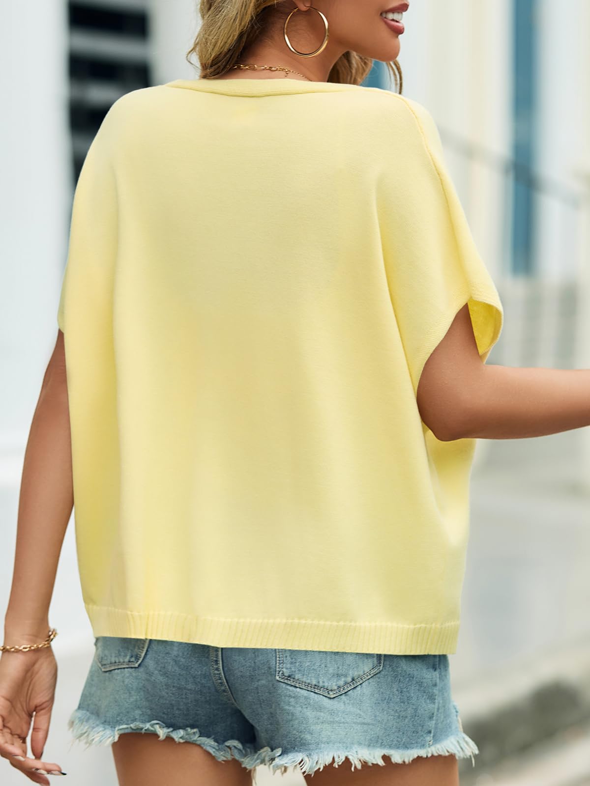 Saodimallsu Womens Summer Oversized Cardigans Batwing Short Sleeve Lightweight Button V Neck Casual Knit Sweater Tops Yellow