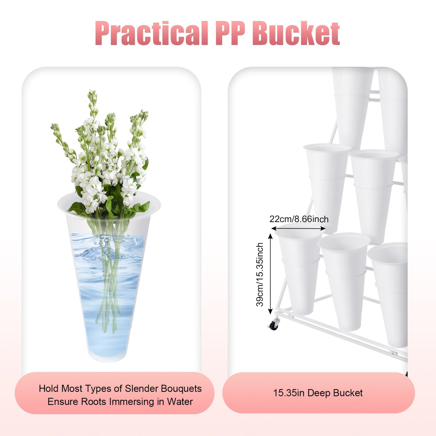 HuaShuani Flower Display Stand with 9 Buckets, 3 Tiers Metal Mobile Florist Bouquet Stand Flower Cart with 4 Wheels for Indoor Outdoor Patio Garden, Living Room, Florist