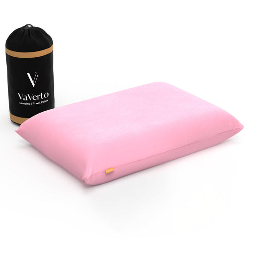 Vaverto Rose Pink Travel and Camping Pillow - Compressible Medium Firm Memory Foam, Viscose Made from Bamboo Cover, Machine Washable, Ideal for Backpacking, Airplane, Car Travel