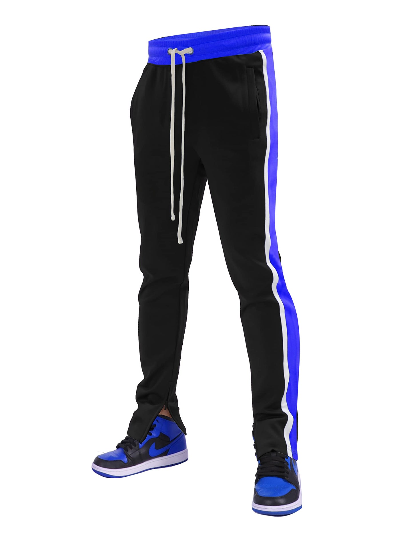 SCREENSHOT-S41706 Mens Hip Hop Premium Slim Fit Comfort Track Pants - Athletic Sport Fitness Color Block Fashion Urban Lifestyle Streetwear Bottoms-Black/Royal-Medium
