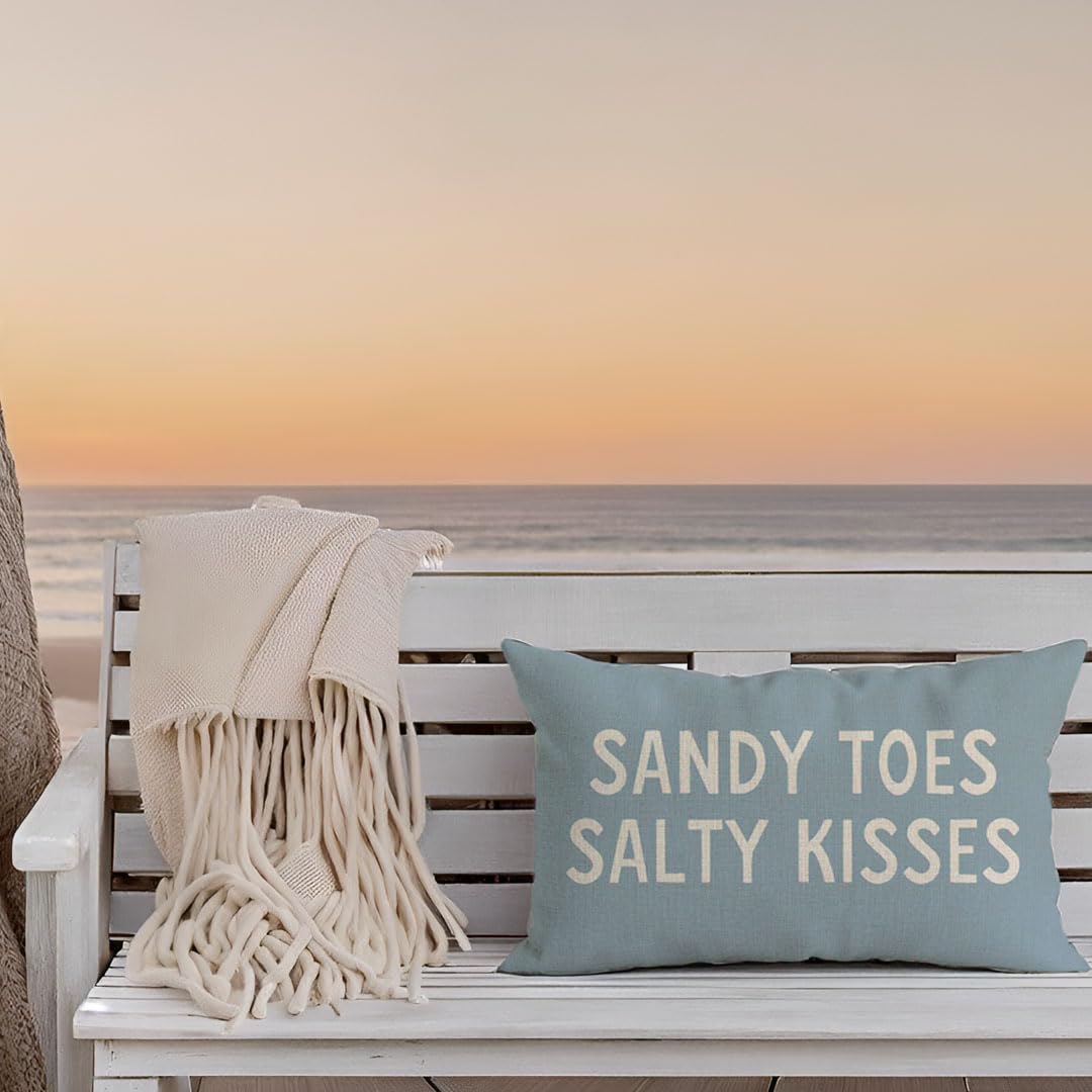 PANDICORN Summer Beach Throw Pillow Covers 12x20 Inch Sayings Sandy Toes and Salty Kisses Nautical Pale Blue Outdoor Decorations Lumbar Decorative Cushion Case for Home Living Room Sofa Couch Decor