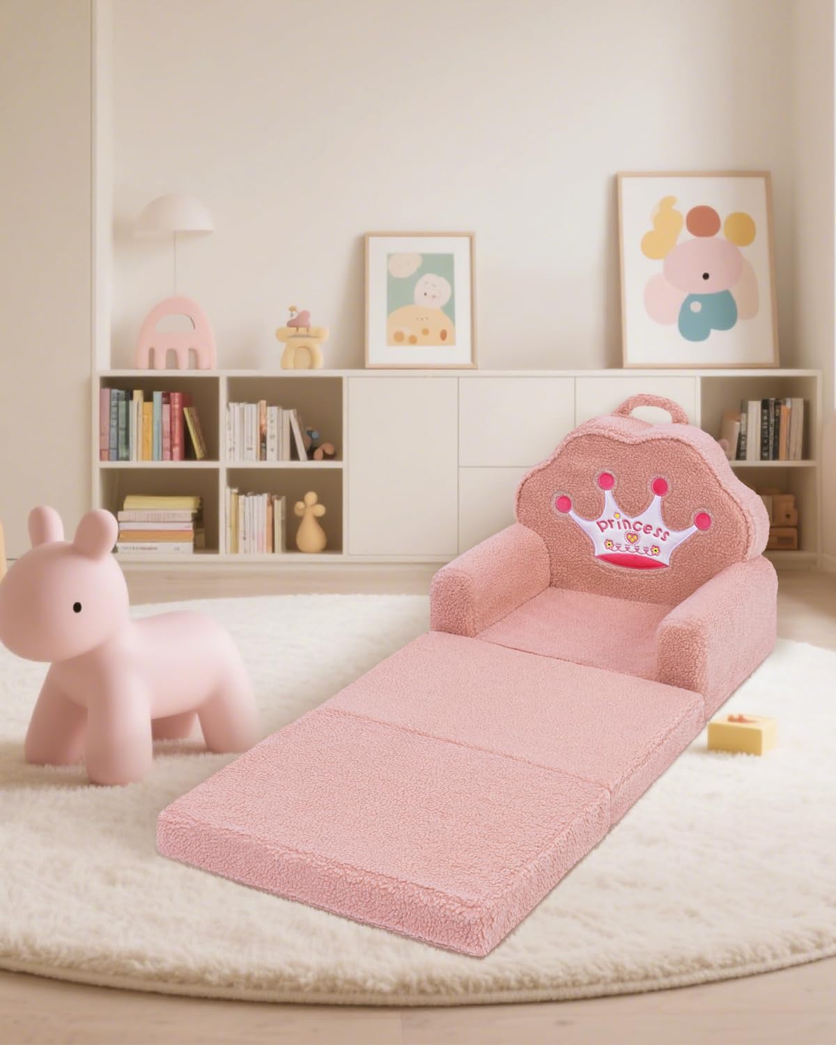 MOONBEEKI Kids Couch, 2-in-1 Convertible Soft Sherpa Fabric, Toddler Chairs Comfy 1-5 Years Old, Cartoon Animal & Crown Design, Toddler Furniture for Bedroom and Playroom, Pink Crown, Medium