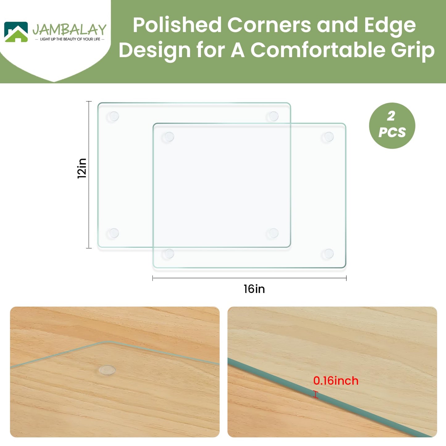 JAMBALAY Tempered Glass Cutting Boards for Kitchen, 16"x12" Clear Glass Cutting Board Set, 2Pcs Chopping Board with Rubber Non Slip Feet, Heat Resistant, Shatter Resistant, Dishwasher Safe