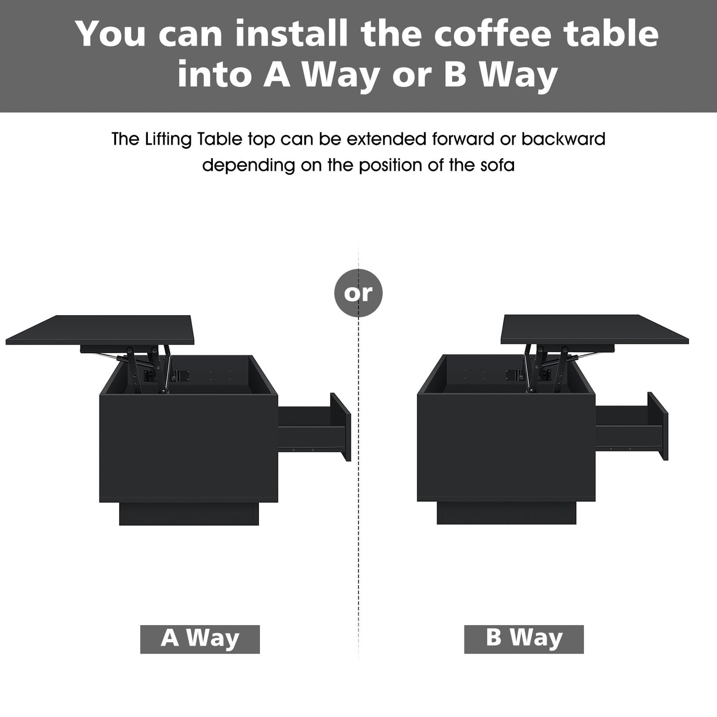 LED Coffee Table Black Lift Top Coffee Table with Storage Modern Tea Table with Drawer Lift Up Dining Center Table with LED Light for Living Room Home Office