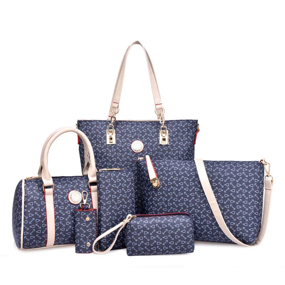 Women Handbag Set 6 Pcs PU Leather Tote Purse Set Multi-purpose Classic Shoulder Bag (Blue)