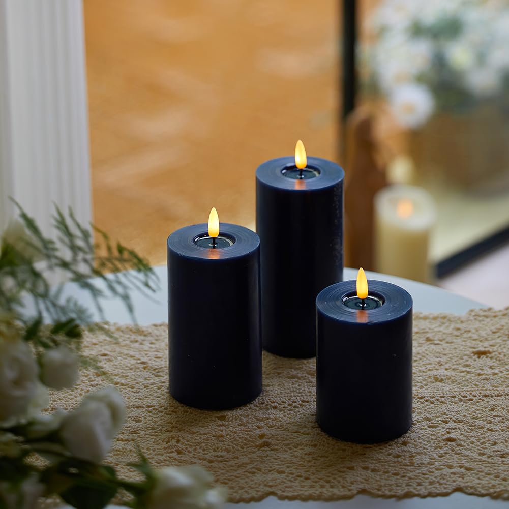 loliow Pillar Candles Battery Operated 3" Set of 3(Height 4" 5" 6") Flickering Flameless Candles with Remote LED Candles for Home Events Holiday Decoration Indoor & Outdoor (Navy)