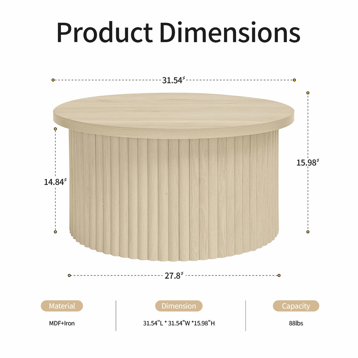 Round Coffee Table with Storage, Wood Modern Fluted Drum Coffee Table with Flip Top, 31.5" Farmhouse Center Table for Living Room, Reception Room, Entertainment Room, Courtyard (1, Oak)