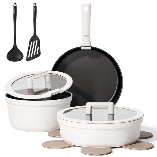 CAROTE 22pcs Pots and Pans Set Non Stick, Detachable Handle Cookware Set White, RV Cooking Set, Dishwasher/Oven/Fridge Safe, Pot and Pan Set, Induction Cookware