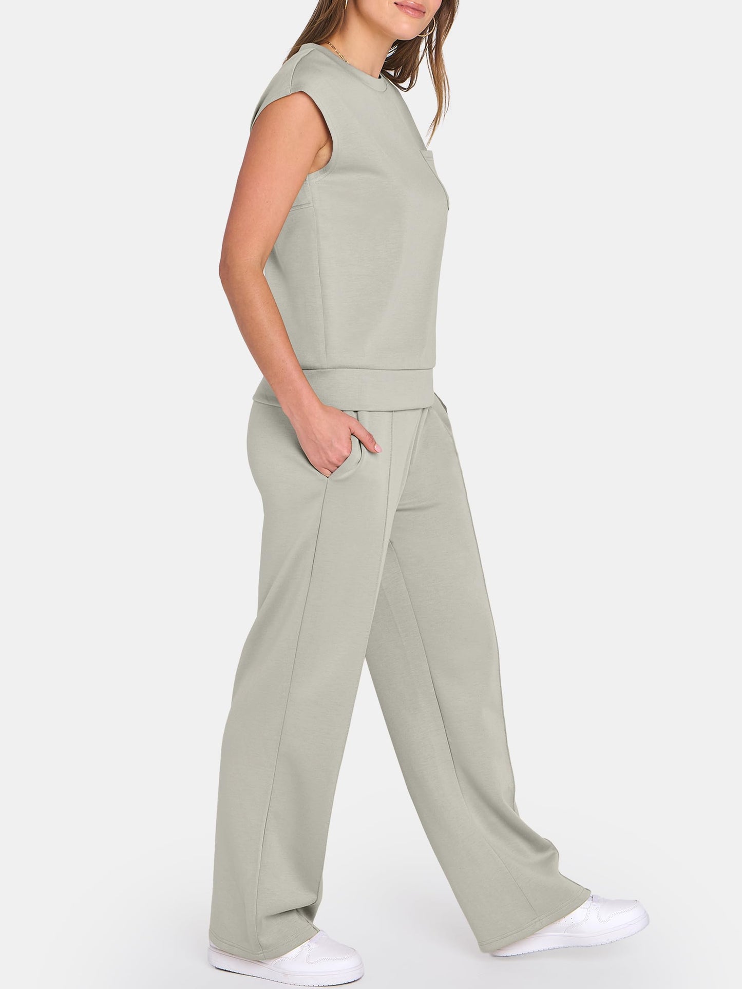 ANRABESS Two Piece Sets for Women Summer Sleeveless Sweatsuits Wide Leg Casual Lounge Set Matching Vacation Travel Outfits Large