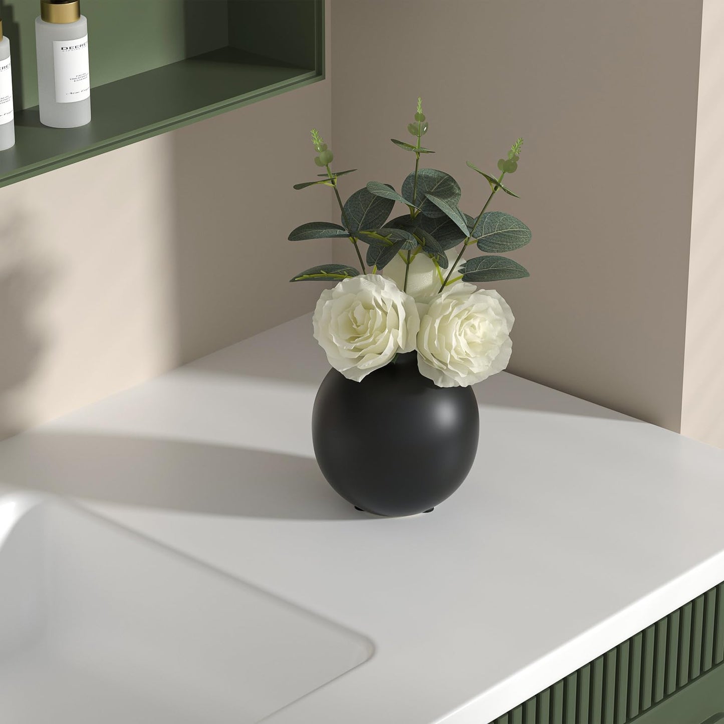 Nztze 2 pcs Artificial Plant Kit with Ceramic vase, Combination of Three White Roses and Greenery, Small Plant Potted Decor for Offices, Bookshelf, Bedroom, Living Room, Party, Wedding Decorations