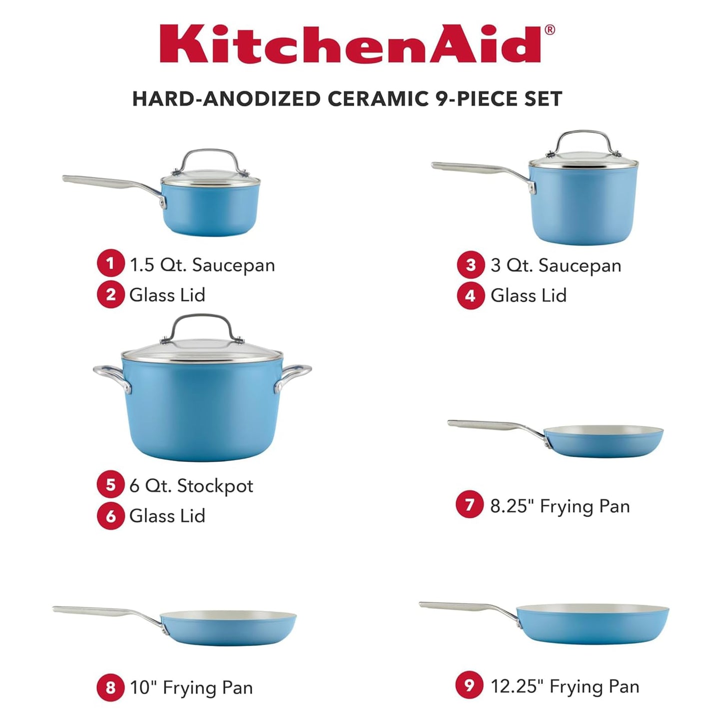 KitchenAid Hard Anodized Ceramic Nonstick Cookware Pots and Pans Set, 9 Piece - Blue Velvet