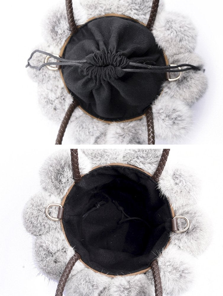 QZUnique Faux Fur Bucket Handbag Women's Drawstring Fur Crossbody Bag Shoulder Tote Bag