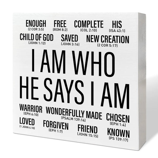 Christian Desk Wooden Box Sign Decor, I Am Who He Says I am, Home Office Religious Motivational Decor Scripture Bible Verse Desk Decoration Inspirational Christian Baptism Gifts for Women Men