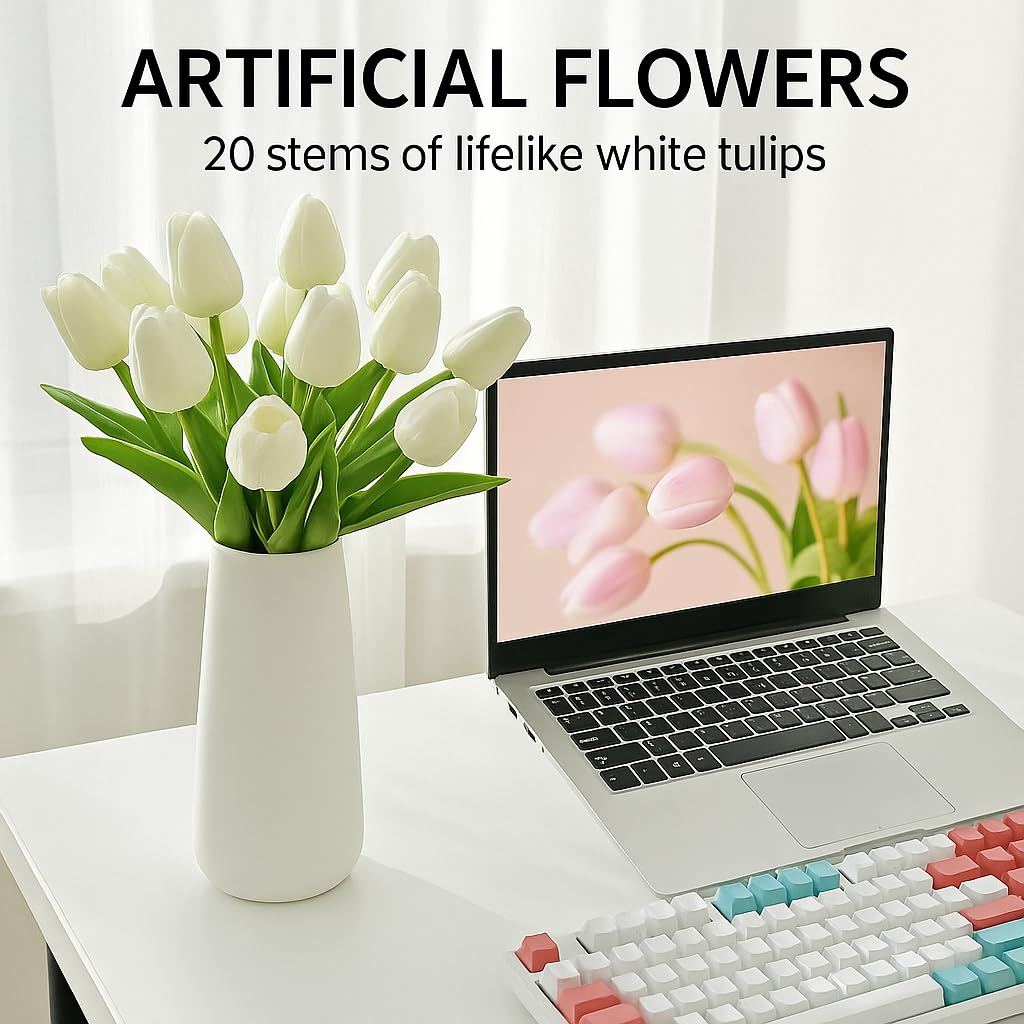 Enirunly 20pcs White Artificial Tulip Silk Fake Flowers 13.5" for Spring Easter Mother's Day Wedding Decor – Bulk Home Kitchen Office Party Supplies, Set