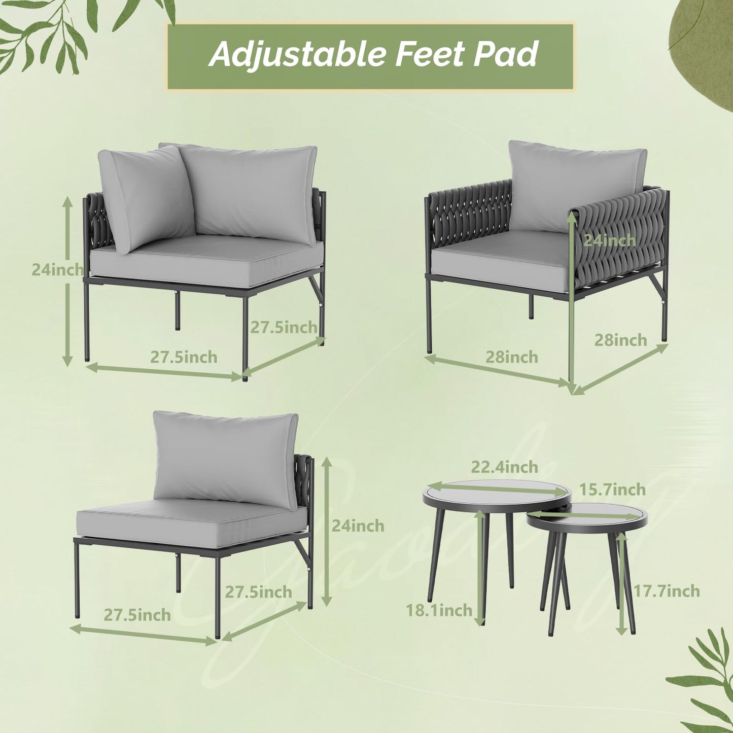 Aluminum 7-Piece Outdoor Patio Furniture Set, Conversation Sets with Comfortable Cushions, outdoor sectional and Tempered Glass Tables for Porch, Balcony, Poolside, Balcony & Courtyard (Gary)