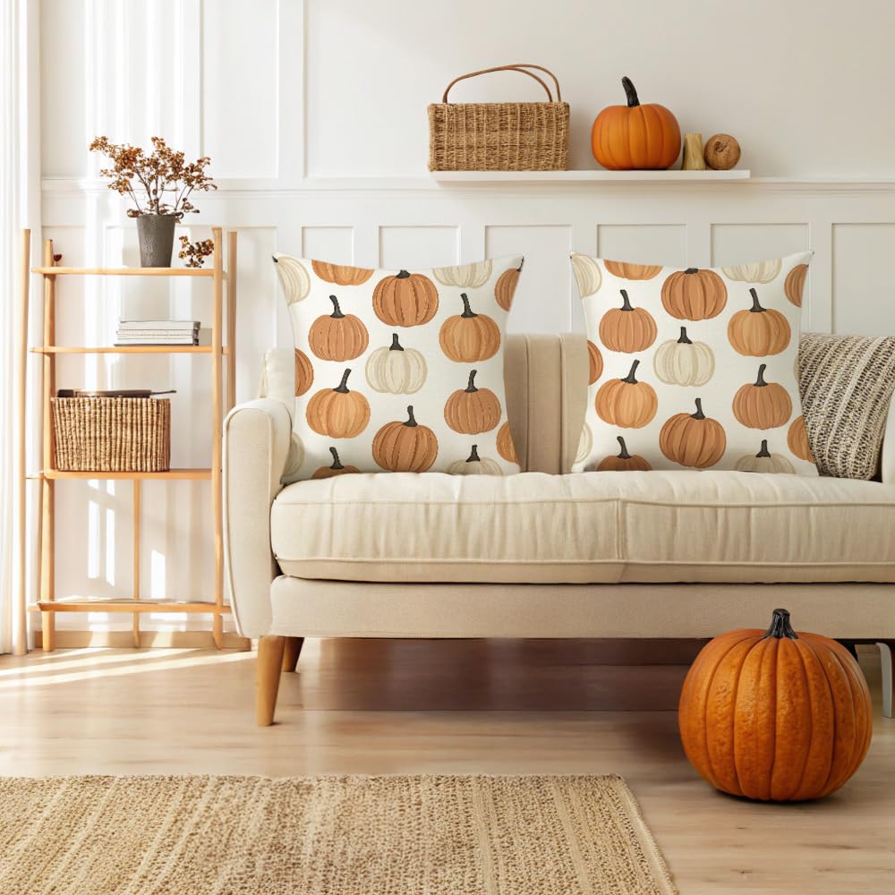 AMZDOTD Fall Pillow Covers 18x18 Inch Set of 2 Autumn Orange Pumpkins Throw Pillow Cover Decorative Pillow Case Couch Cushion Case for Chair Sofa Bedroom Living Room Fall Home Decor